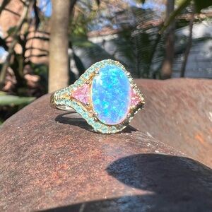 Incredible! Sparkly Opal and Pink Gemstone 925 silver ring